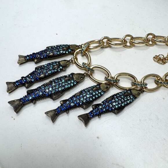 Betsey Johnson Fish Charm Rhinestone Necklace Goldtone Link - Picture 3 of 10